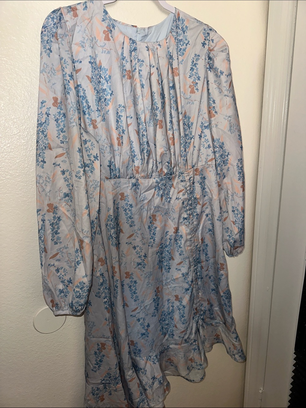 Light Blue Floral Long-Sleeve Midi Dress